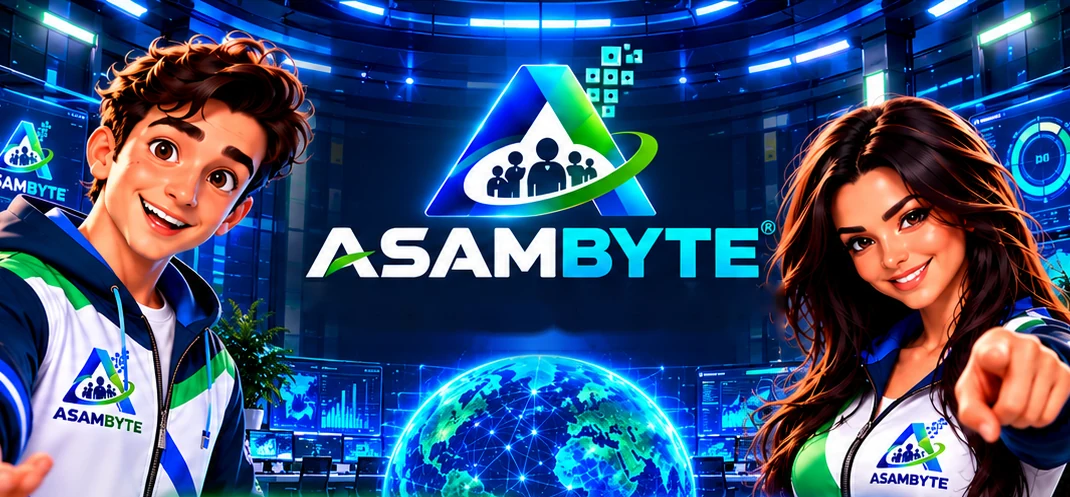 Neobyte and Anabyte, the ASAMBYTE assistants, in a digital control center